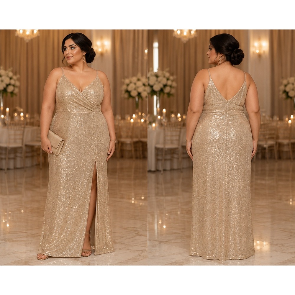 Bridesmaid Revelry Skye Sequin Gold Champagne V-Neck Formal Gown 18 Maxi Dress